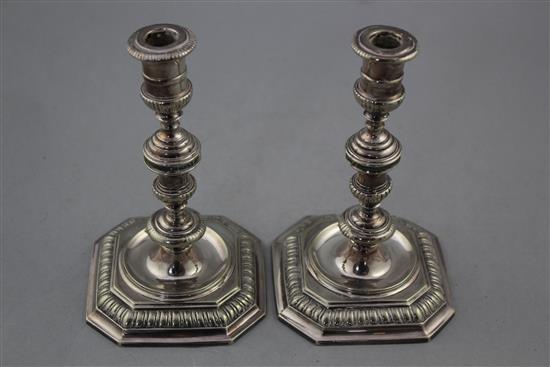 A pair of plated candlesticks, in George II style, 16.5cm.
